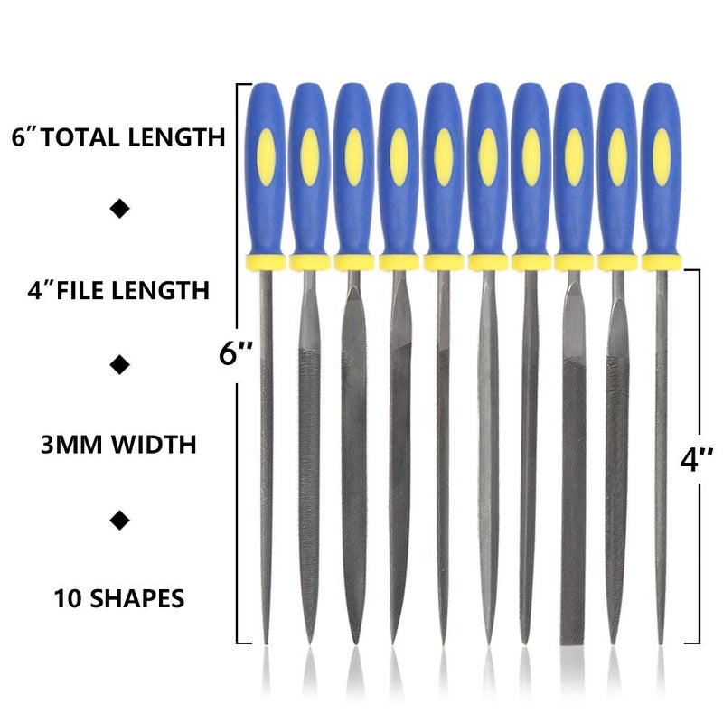 KALIM 10PCS Needle File Set High Carbon Steel File Set with Plastic Non-Slip Handle, Hand Metal Tools for Wood, Plastic, Model, Jewelry, Musical Instrument and DIY (6 Inch Total Length) - Image 2